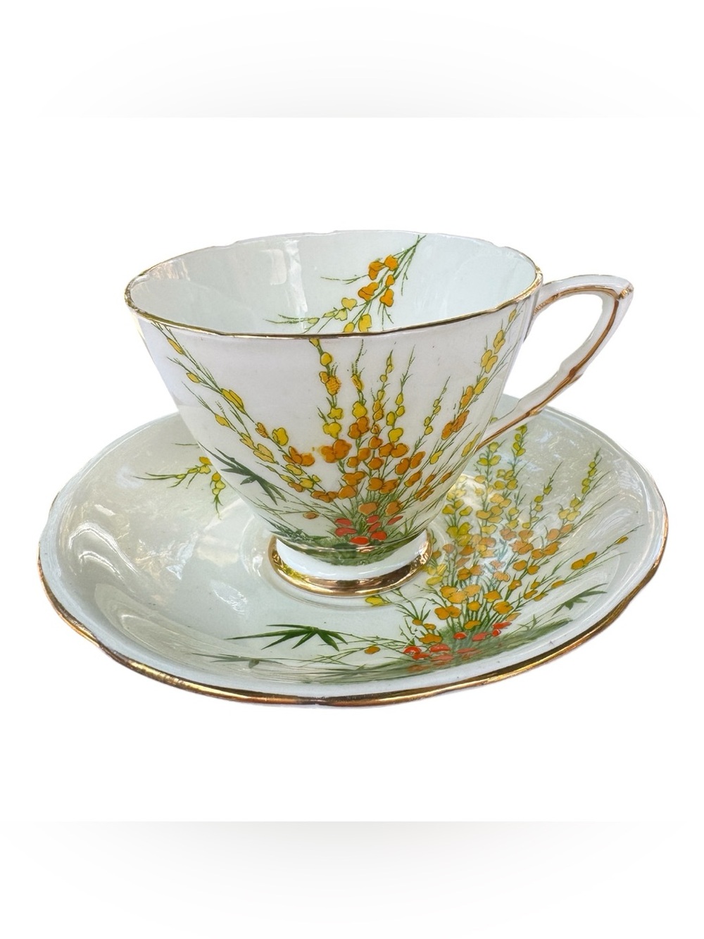Vintage Royal Stafford Bone China Teacup & Saucer BROOM Pattern Made in England